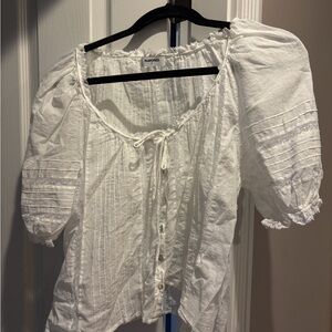 Rumored White Peasant Blouse with Tie Front and Puff Sleeves